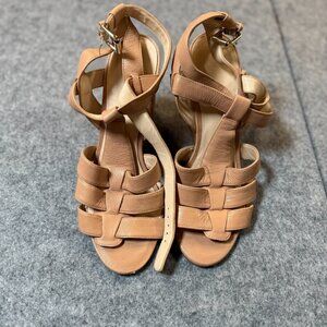 Nine West Farfalla Womens US 9 M Sandals Tan Leather Ankle T-Strap Wedge Heel